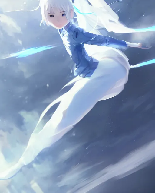 Image similar to a pale korean girl with white hair wearing a blue outfit with blades hovering around her, full shot, perfectly shaded body, atmospheric lighting, detailed face, by makoto shinkai, stanley artgerm lau, wlop, rossdraws