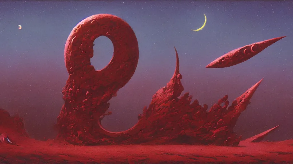 Image similar to mysterious whimsical sculpture of an alien crescent moon by paul lehr and john schoenherr and john harris, cinematic matte painting