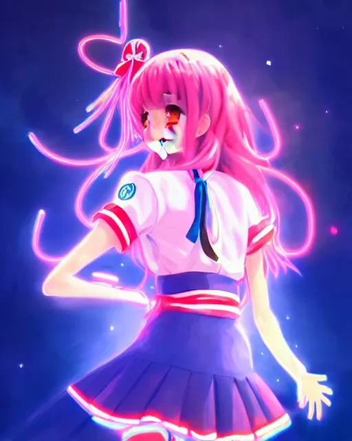 Image similar to anime style, vivid, expressive, full body, 4 k, painting, a cute magical girl with a long wavy hair wearing a sailor outfit, correct proportions, stunning, realistic light and shadow effects, neon lights, studio ghibly makoto shinkai yuji yamaguchi