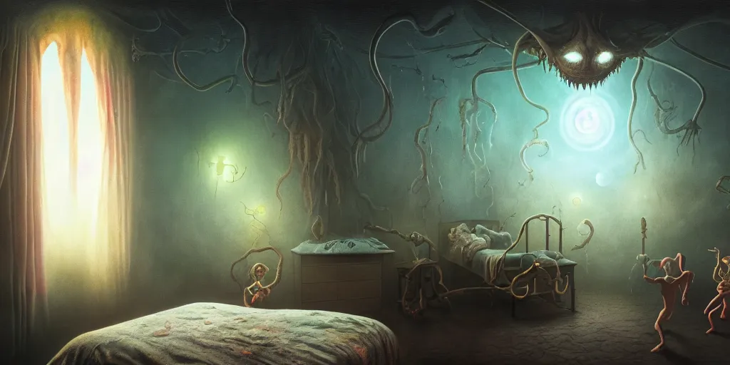 Prompt: matte oil painting of a cosmic horror monstrosity inside of a child's bedroom, extremely detailed, disturbing, cinematic, 4 k, 8 k