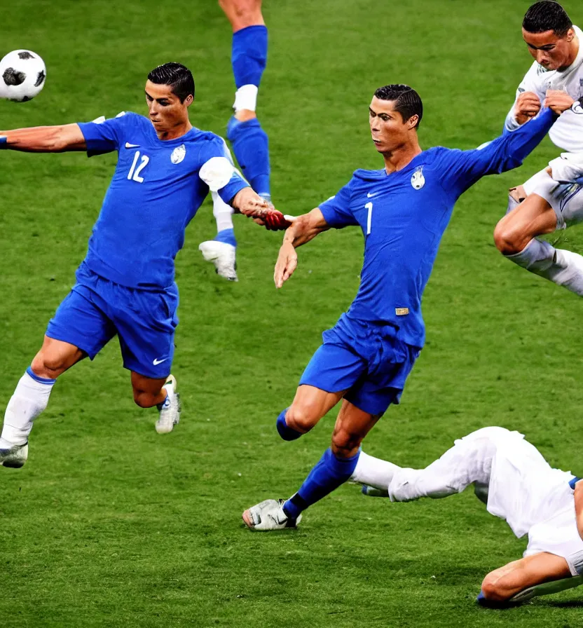 Prompt: cristiano Ronaldo tackling a blue meat ball in the style of siudmak, football, nike