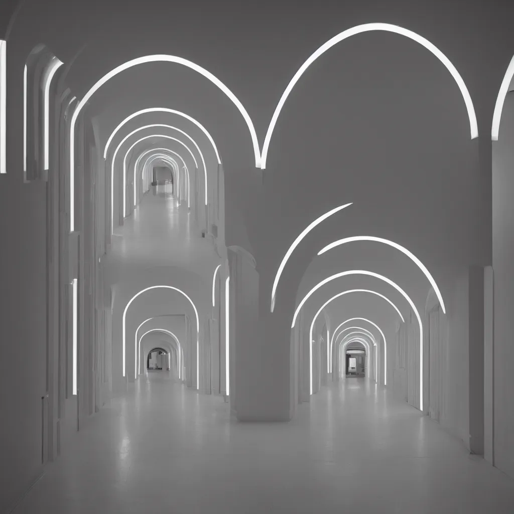 Prompt: hallway with arches lit by soft neon, dan flavin, dezeen, 50mm, pentax, film