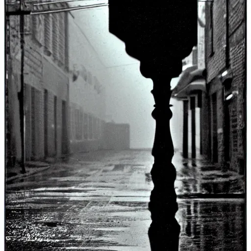 Image similar to 35mm, dark pale man standing in front of alley, streetlight, rain, eldritch, high definition