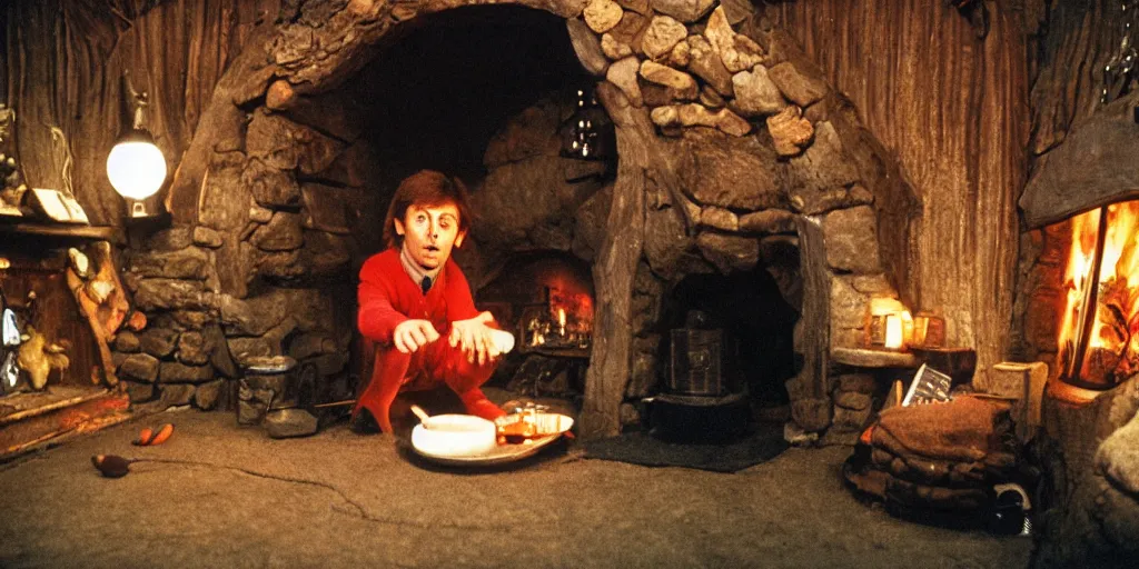 Image similar to A full color still of 30-year-old Paul McCartney, dressed as a hobbit inside his cozy house at night with light from a fireplace, directed by Stanley Kubrick, 35mm, 1970