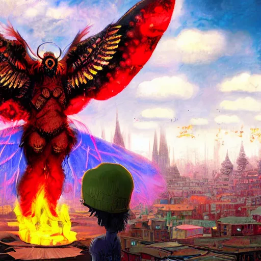 Image similar to 8K centered headshot Portrait of a psychedelic godlike mothman posing with a cigar with giant mandala wings smoking a hand-rolled cigarette smoking heavily , magic mushroom village in background , post-processing , award winning. superb resolution. in the art style of Satoshi Kon and Greg Rutkowski , Detailed Mushroom city in background , Hyper realistic anime , Perfect art , Dalle2