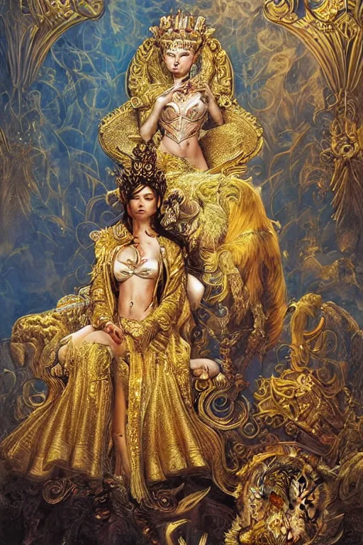 Image similar to a beautiful empress sitting on a golden throne ,white tiger guardian by her side, ultradetailed painting by Karol Bak, ornate, volumetric lighting.