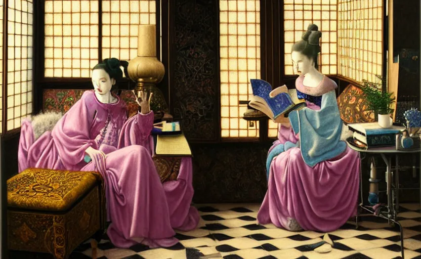 Image similar to a pastel drawing of a woman wizard, ornate clothing, lounging on a purpur pillow on the marbled checkered floor in her study room reading an ancient tome. to the side is a potted plant, moody candlelit raytracing. ancient scifi fantasy setting. detailed face, sharp focus. by chie yoshii and vermeer