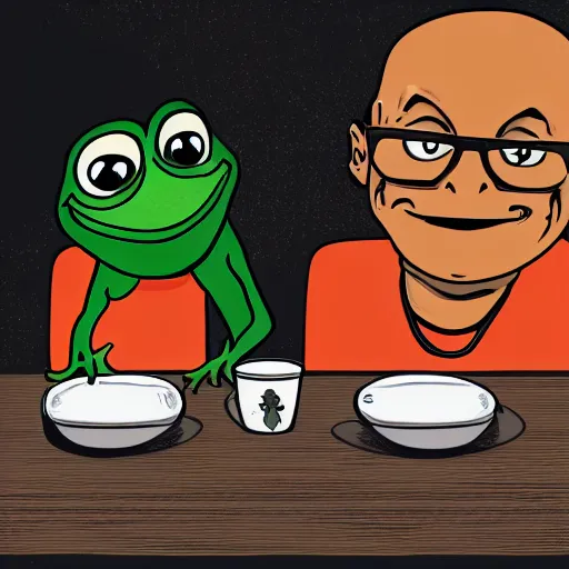 Prompt: Dwayne Johnson and Pepe the frog sitting at the table, having a coffee, illustration in the style of Matt Furie