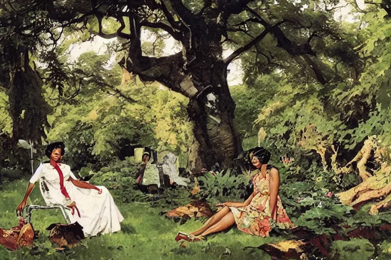 Image similar to 5 0 s pulp illustration of elegant black woman watching spacecraft land in garden of english country mansion, baobab trees, painted by norman rockwell, jack kirby, john berkey, bergey, craig mullins, ruan jia, raymond swanland, jeremy mann, tom lovell, morgan weistling, carl spitzweg