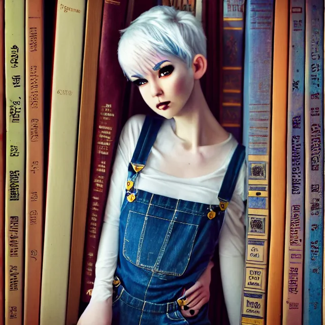 Image similar to full body pose, beautiful adult fairy, pixar, short white hair shaved sides, dirty, grungy, grunge, long sleeve, painted overalls, stacks of giant books, by sakimichan, highly detailed, 4 k, hdr, smooth, sharp focus, high resolution, award - winning photo, artgerm, photorealistic