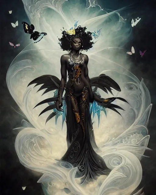 Prompt: draconic ebony priestess adorning flowing white silk, black gold smoke, ink, dark fantasy art, explosion of butterflies and flowers, peter mohrbacher, artgerm