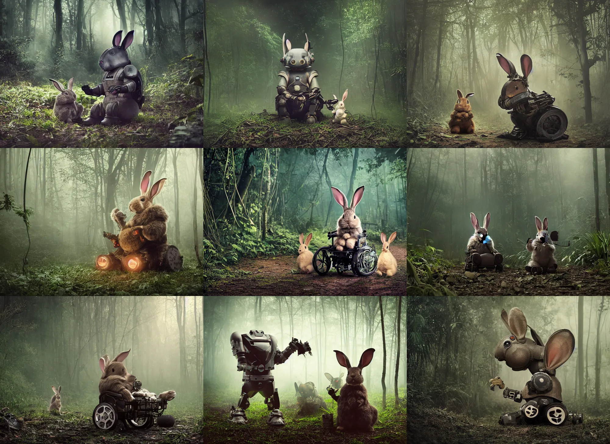 Prompt: dark night oversized battle rabbit robot chubby fatmech trailer bucket bowl wheelchair with big ears with rabbit sitting inside, in jungle forest, full body, nighttime, cinematic focus, technicolor photo, vintage, neutral dull colors, soft lights, foggy, overcast by oleg oprisco, by thomas peschak, by discovery channel, by victor enrich, by gregory crewdson