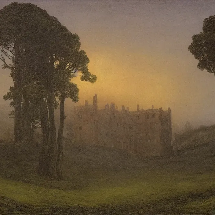 Prompt: painting of a mansion on the moorland by caspar david friedrich, at night, eerie, supernatural