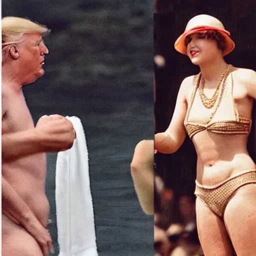 Image similar to donald trump wearing a 1 9 2 0 s style bathing suit