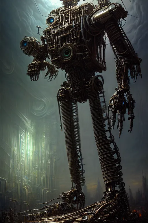 Image similar to A photorealistic 3d render of a robot monster cyborg made of circuits wide view shot by ellen jewett , tomasz alen kopera and Justin Gerard symmetrical features, ominous, magical realism, texture, intricate, ornate, royally decorated, android format, windows, many doors, roofs, complete house , whirling smoke, embers, red adornments, red torn fabric, radiant colors, fantasy, trending on artstation, volumetric lighting, micro details, 3d sculpture, ray tracing, 8k