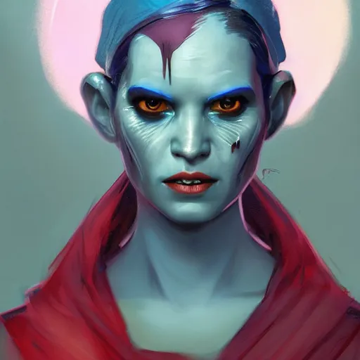 Image similar to portrait of a twi'lek woman by greg rutkowski, blue skin, pretty, she wears a band on her forehead, evil energy, wearing black robes, twisted smile, star wars expanded universe, he is about 3 0 years old, highly detailed portrait, digital painting, artstation, concept art, smooth, sharp foccus ilustration, artstation hq