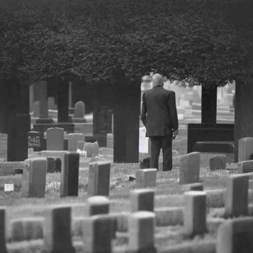 Prompt: A photo of a man in a black suit visiting a grave at the cemetery, grey weather