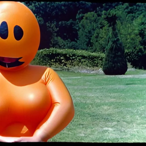 Image similar to 1976 glamorous thicc woman wearing an inflatable smiley head, wearing a dress, in a small village full of inflatable worms, 1976 French film archival footage technicolor film expired film 16mm Fellini new wave John Waters Russ Meyer movie still