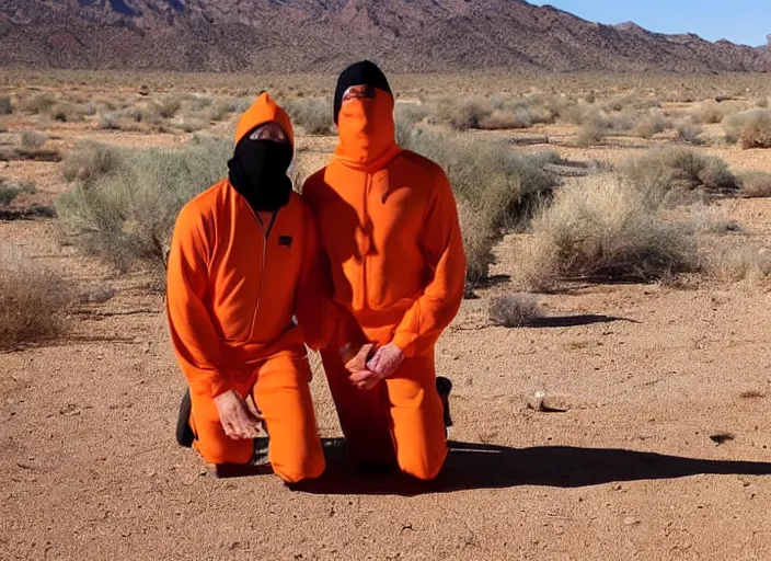 Prompt: joe biden kneeling down in the desert in an orange prison outfit, next to him are two men dressed in full black with black balaclavas, 3 5 mm photograph