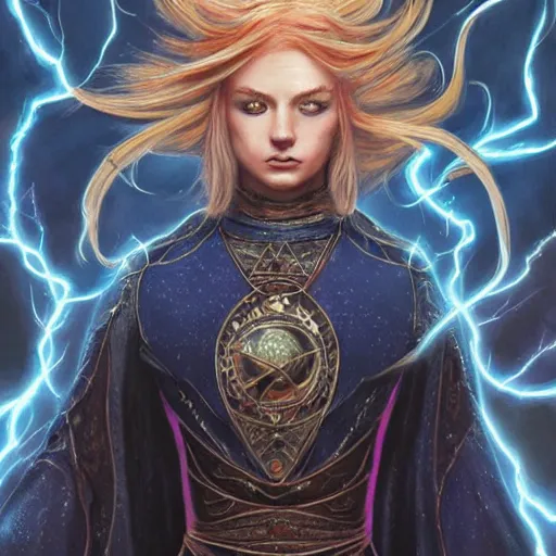 Prompt: a detailed tarot card of a human wizard casting a spell, female, blonde and auburn two toned hair, crackling blue lightning, fantasy, d & d, intricate, elegant, highly detailed, digital painting, artstation, concept art, matte, sharp focus, illustration, in the style of magic the gathering, art by artgerm and greg rutkowski and alphonse mucha