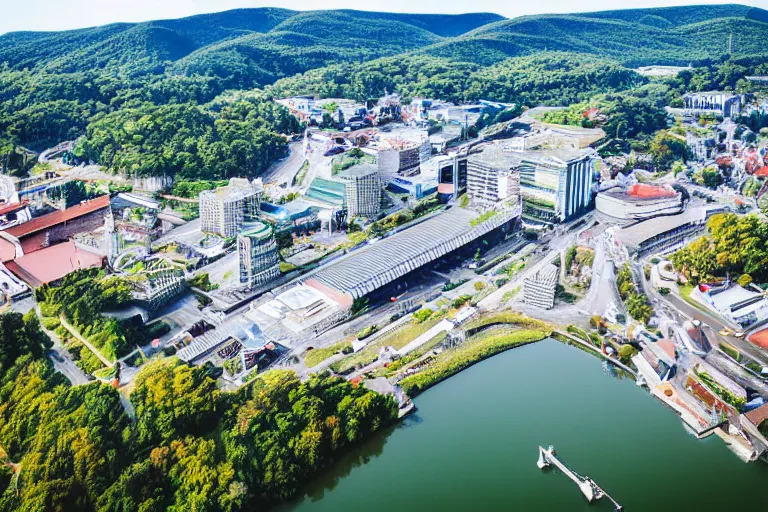 Image similar to bird's eye view photography of a small city. town hall, central farm, monorail station, beach and shipping dock. hills, woods and lake to the north.