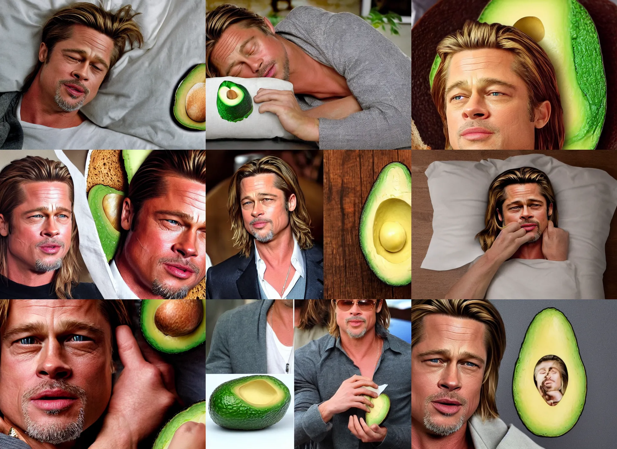 Prompt: the sleeping face of brad pitt in the middle of an avocado in the shape of bread