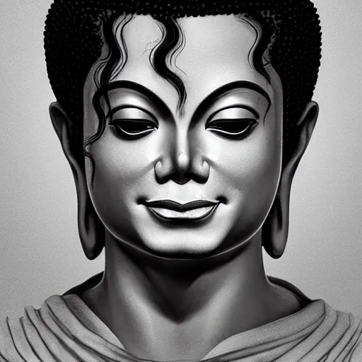 Image similar to michael jackson as buddha follower. matte, facial features, symmetrical anatomy, hyperdetailed, digital art, baroque, pop punk art style, fantasy, body features, posse features, without duplication, art by artgerm and ilya kuvshinov and vinicius gud and gustavo zambelli, intricate, photoshop render.