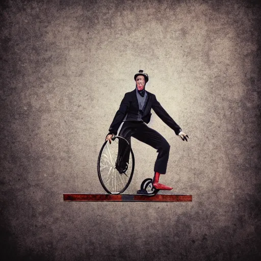 Prompt: man riding a unicycle on the edge of a knife , circus background