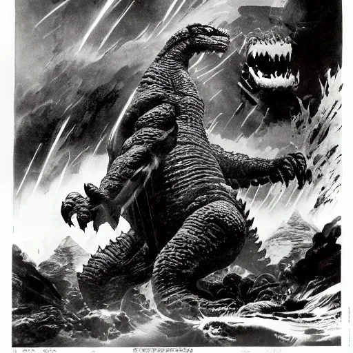 Prompt: showa godzilla by frank frazetta