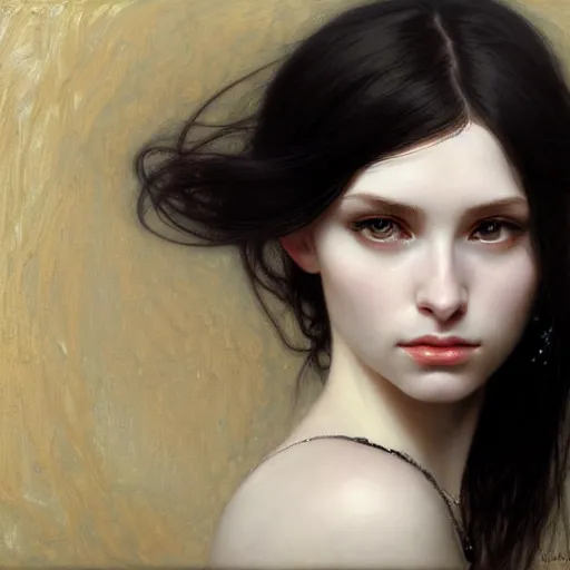 Image similar to Portrait of a beautiful, pale skin, female with long black hair, dark, piercing eyes, gentle expression, elegant clothing, photorealistic, highly detailed, artstation, smooth, sharp focus, art by Klimt, artgerm, Greg Rutkowski and Alphonse Mucha