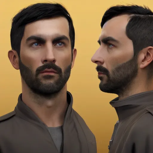 Prompt: Photorealistic concept art of a male sci-fi character portrait in his 30's, features between French, Turkish and Russian with short black hair on the sides and a fringe dressed in a beige and black jumpsuit, 4K Trending at Artstation HQ