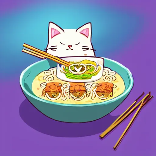 Image similar to Cute kawaii cat eating a bowl of ramen in The Legend of Zelda Breath of the Wild, toon shading npr