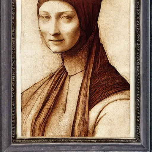 Prompt: classic style portrait of a lady with a scarf, by leonardo da vinci