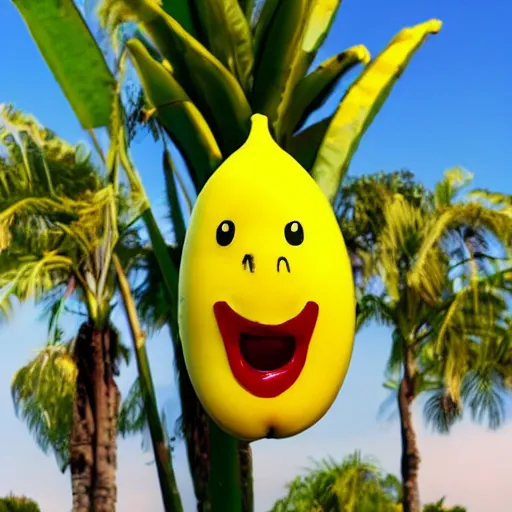 Prompt: friendly ripe smiling banana in a boat, background iridescent clouds