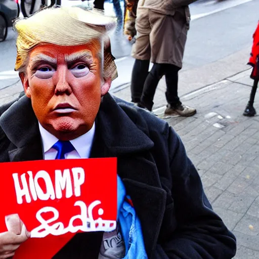 Prompt: donald trump dressed as a homeless man asking for money on the streets