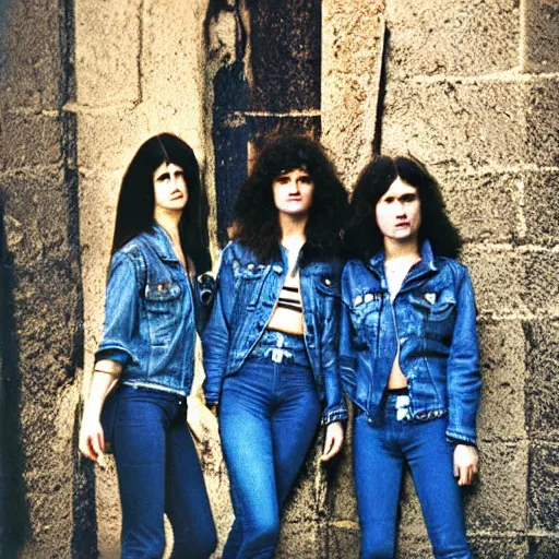 Image similar to group of 1 9 - year - old girls with shaggy wavy hair, wearing double denim, proto - metal band promo, heavy rock band promo photo, 1 9 7 5 photo