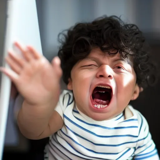 Prompt: A baby yells at his computer out of fear due to his anxiety about the current development of AI-generated graphics and the possibility of imminent job loss.