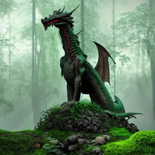 Prompt: Statue of a dragon overgrown with moss ancient temple ruin in a dark lush green forest, dark night, glowing particles, volumetric fog, by Stanley Artgerm Lau, WLOP, trending on ArtStation, CGSociety, concept art, cgsociety, octane render, trending on artstation, artstationHD, artstationHQ, unreal engine, 8k