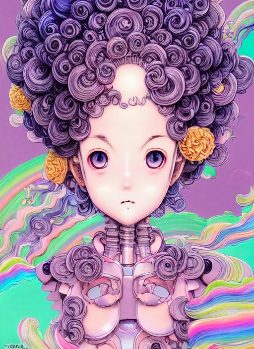 Image similar to manga of beautiful girl, robot, curls hair, rococo ruffles dress, rosette, pastel rainbow, pearlescent, shimmering, prismatic, reflective, rim light, detailed background, by katsuhiro otomo, takeshi obata, takato yamamoto, illustration, artstation, concept art, highly detailed, colorful, maximalist