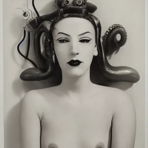 Prompt: A portrait of a beautiful cyberpunk girl, octopus, by Man Ray, fine art, wide angle