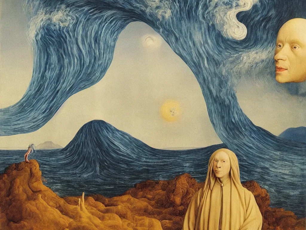 Image similar to Portrait of albino mystic with blue eyes, with landscape with tsunami, giant wave at night. Painting by Jan van Eyck, Audubon, Rene Magritte, Agnes Pelton, Max Ernst, Walton Ford