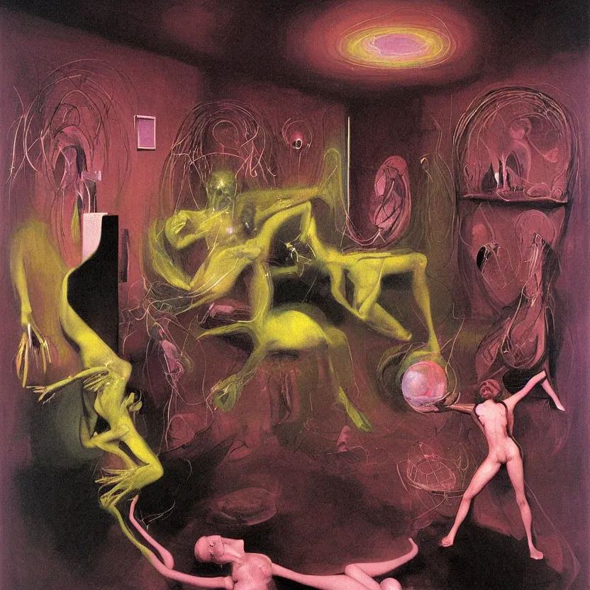 Image similar to Man and woman start to bounce in a living room of a house, floating dark energy surrounds the middle of the room. There is one living room plant to the side of the room, surrounded by a background of dark cyber mystic alchemical transmutation heavenless realm, cover artwork by francis bacon and Jenny seville and beksinski, midnight hour, part by adrian ghenie, part by jeffrey smith, part by josan gonzales, part by boris vallejo, part by norman rockwell, part by phil hale, part by kim dorland, artstation, highly detailed