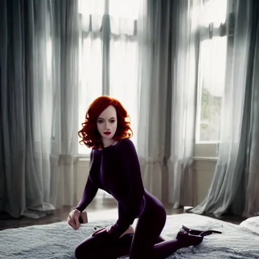 Image similar to fully clothed, amazing beautiful christina hendricks in body suit and high heels in bedroom, film still, wide lens