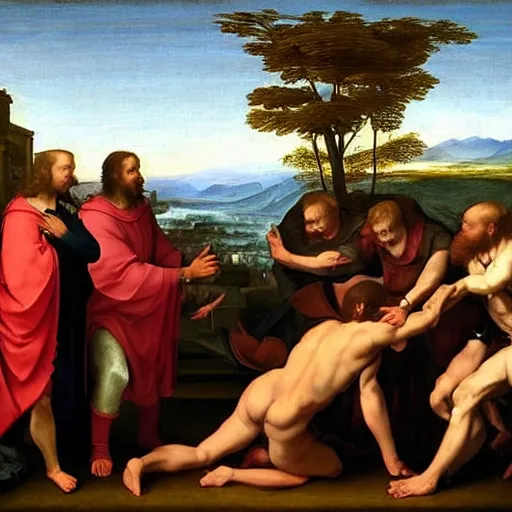 Prompt: renaissance painting of a man meeting satan