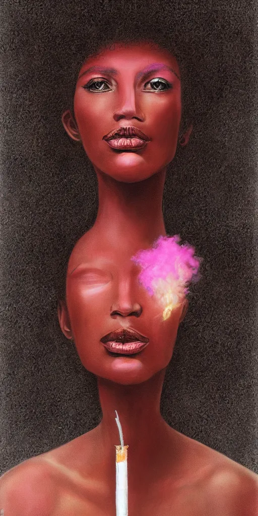 Prompt: A beautiful tall black woman with dark skin and a pink afro, looking at you from across the bar, holding a lit cigarette, digital art, oil painting, clean lines, drawn by H.R Giger