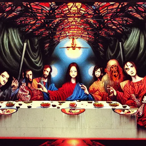 Prompt: realistic detailed image of The Last Supper by Ayami Kojima, Amano, Karol Bak, Greg Hildebrandt, and Mark Brooks, Neo-Gothic, gothic, rich deep colors. Beksinski painting, part by Adrian Ghenie and Gerhard Richter. art by Takato Yamamoto. masterpiece