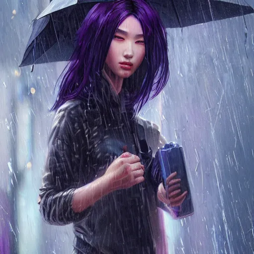 Image similar to very detailed masterpiece painting of a very beautiful wet asian young cyberpunk woman with dark purple hair, cyberpunk background, raining, closeup, portrait, artstation, concept art by greg rutkowski