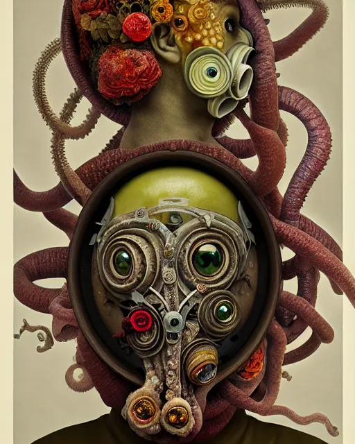 Image similar to a biomorphic portrait with with large eyes, expressive, wearing a botanical gas mask, baroque painting by ayami kojima, mark ryden, arcimboldo, cephalopod, mixed media 3 d collage, focus on head, soft light, 4 k, octane high quality render