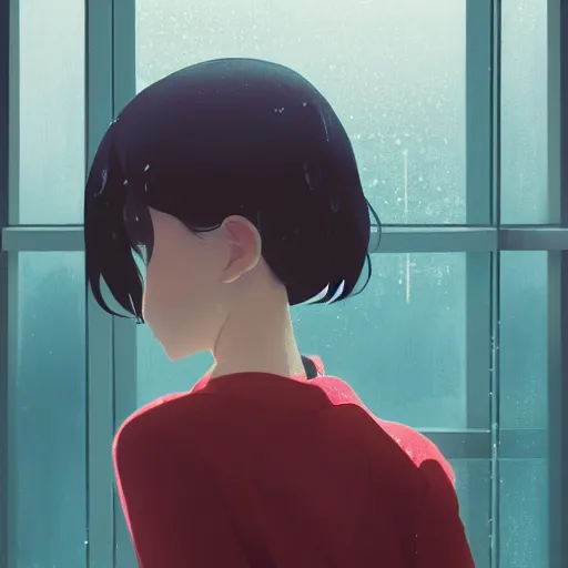 Prompt: portrait of a smiling girl looking near the window, rainy outside, by ilya kuvshinov, cloudy sky background lush landscape ln illustration concept art anime key visual trending pixiv by victo ngai fanbox by greg rutkowski makoto shinkai takashi takeuchi studio ghibli