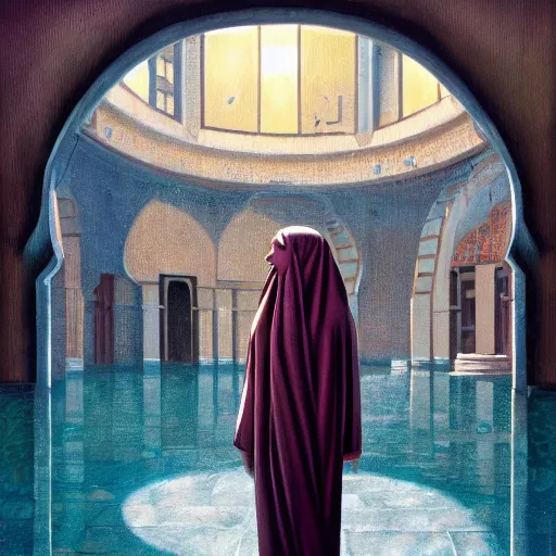 Image similar to detailed face of an arabic woman, opulent courtyard, moment, tectonic sky, skydome, reactor, utopian, tech noir, wet reflections, prism, atmospheric, ambient, pj crook, syd mead, livia prima, artgerm, greg rutkowski, nick alm, casey baugh